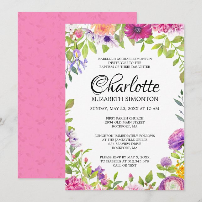 Pink and Purple Floral Watercolor Baptism Invitation (Front/Back)