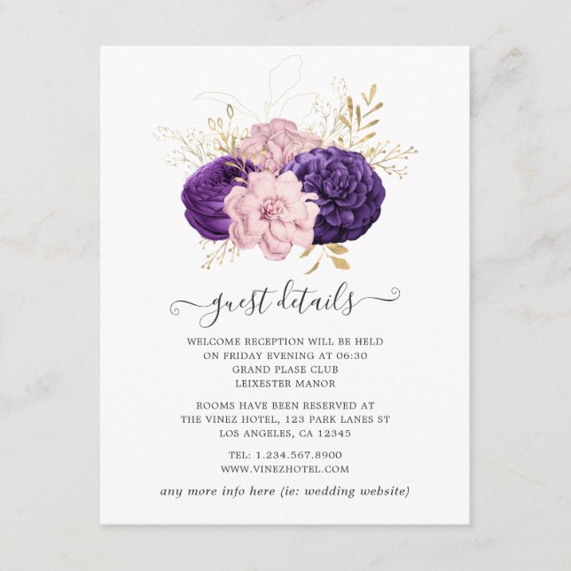 Pink and Purple Floral Wedding Guest Details Enclosure Card (Front)