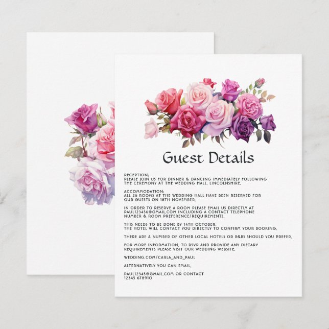 Pink and Purple Floral Wedding Guest Details Enclosure Card (Front/Back)