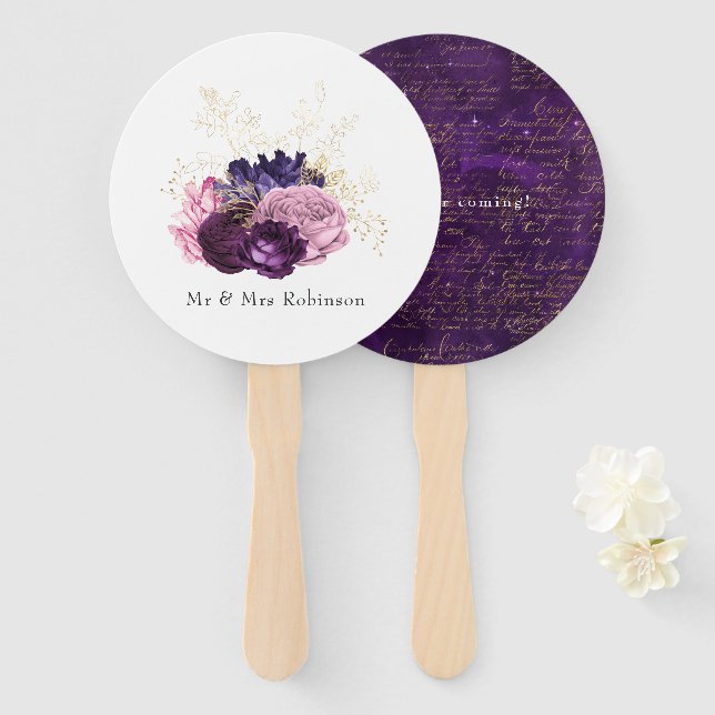 Pink and Purple Floral Wedding Hand Fan (Front and Back)