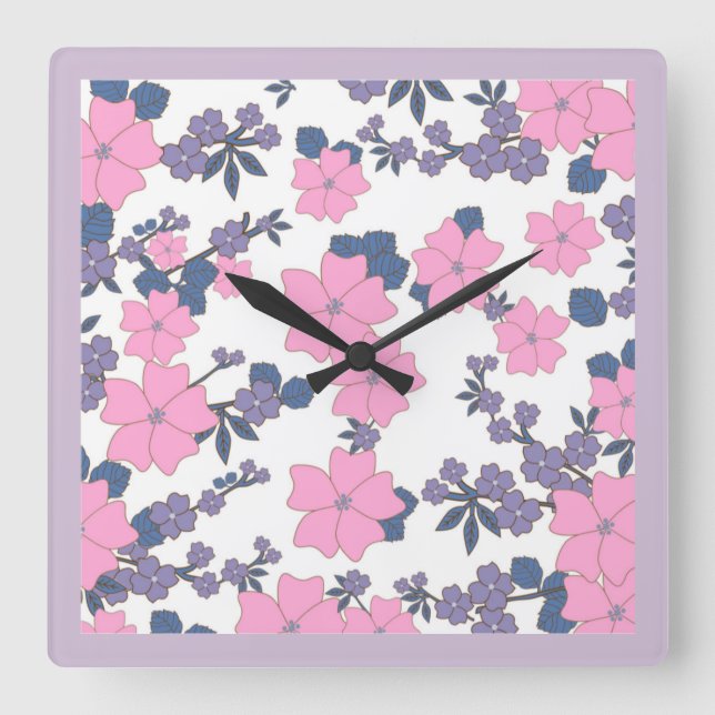 PINK AND PURPLE FLOWER PATTERN SQUARE WALL CLOCK (Front)