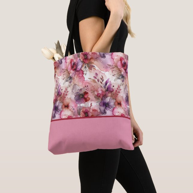 Pink and Purple Flowers Alcohol Ink Colour Block Tote Bag (Close Up)