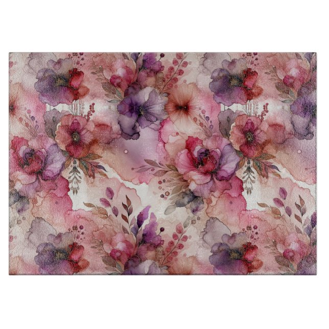 Pink and Purple Flowers Alcohol Ink Illustration Cutting Board (Front)