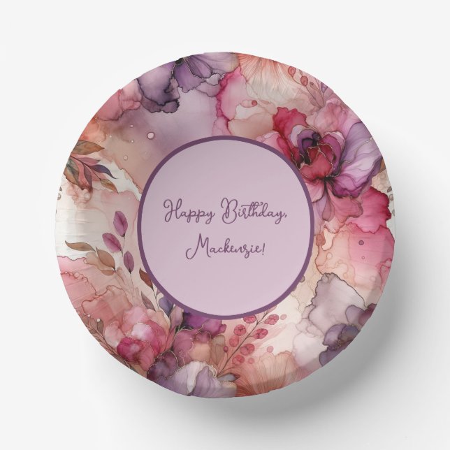 Pink and Purple Flowers Alcohol Ink Illustration  Paper Plate (Front)
