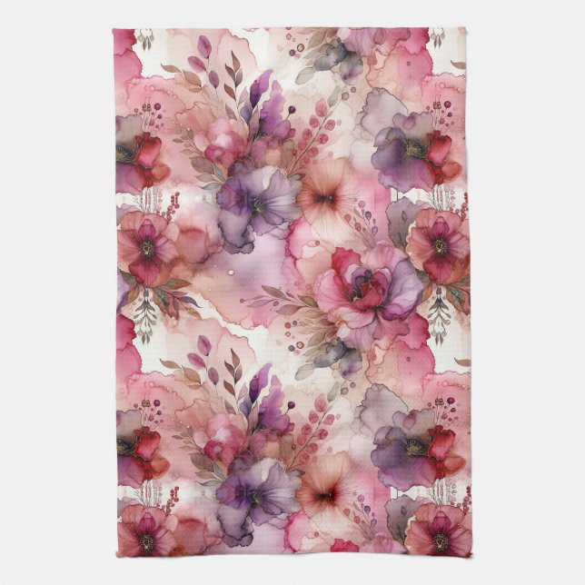 Pink and Purple Flowers Alcohol Ink Illustration  Tea Towel (Vertical)