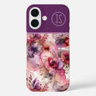Pink and Purple Flowers Alcohol Ink Monogrammed iPhone 16 Case