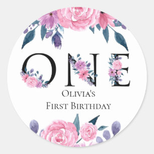 Pink and Purple Flowers First Birthday Classic Round Sticker