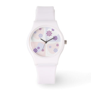 Pink and Purple Flowers on Pastel Checkers Watch