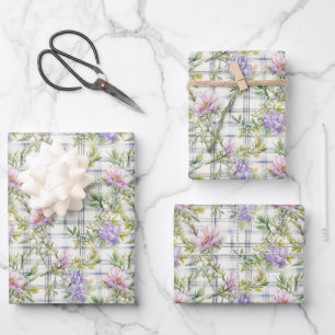 Pink and Purple Flowers on Plaid Background Wrapping Paper Sheet