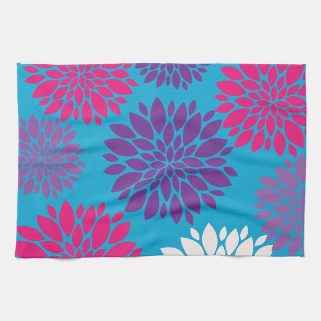 Pink and Purple Flowers on Teal Blue Tea Towel (Horizontal)
