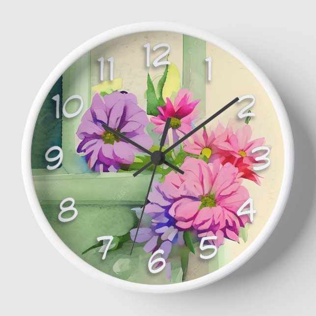 Pink and Purple Flowers on Window Sill Clock (Front)