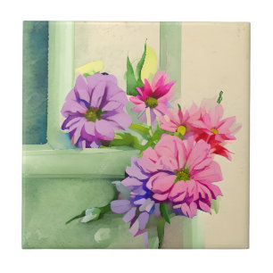 Pink and Purple Flowers on Window Sill Tile