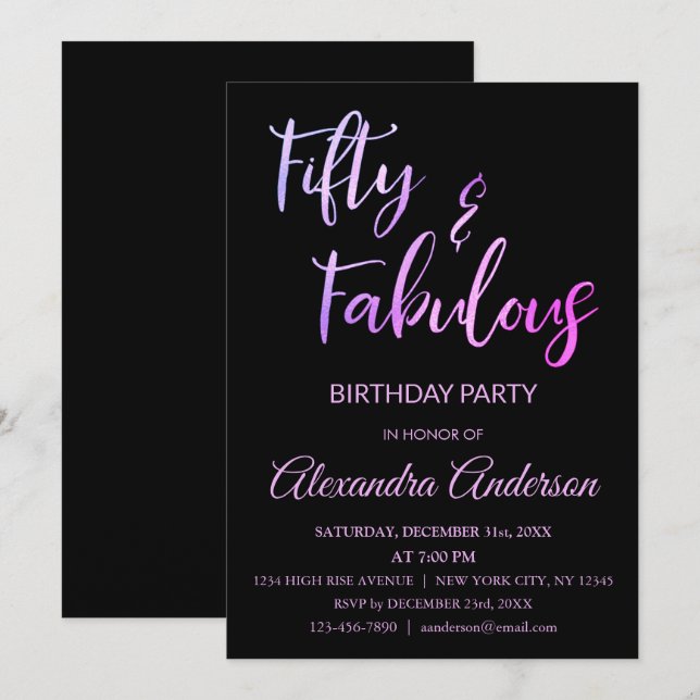 Pink and Purple Foil Fifty and Fabulous Invitation (Front/Back)