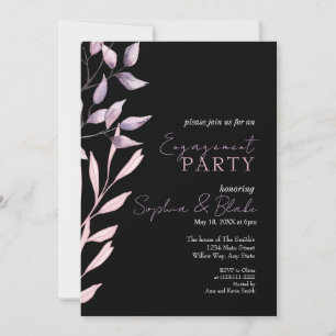 Pink and Purple Foliage Black Engagement Party Invitation