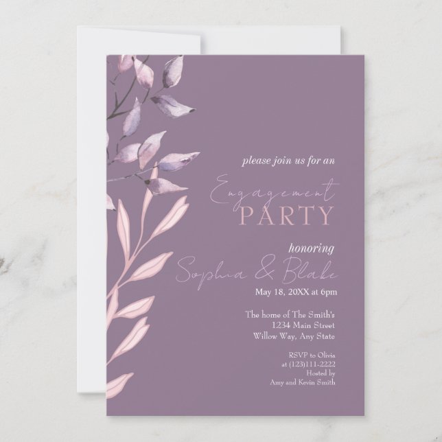 Pink and Purple Foliage Purple Engagement Party Invitation (Front)