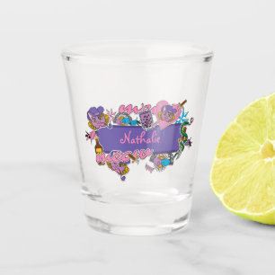 Pink and purple fun bar sticker on shot glass