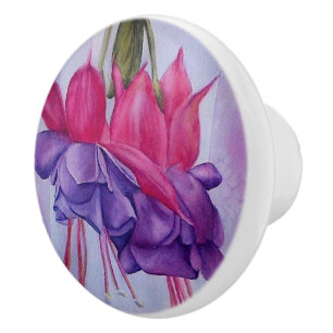 PINK AND PURPLE FUSCHIA FLOWER CERAMIC KNOB
