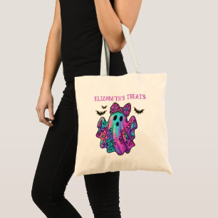 Pink and Purple Girl Ghost With Bow Trick or Treat Tote Bag