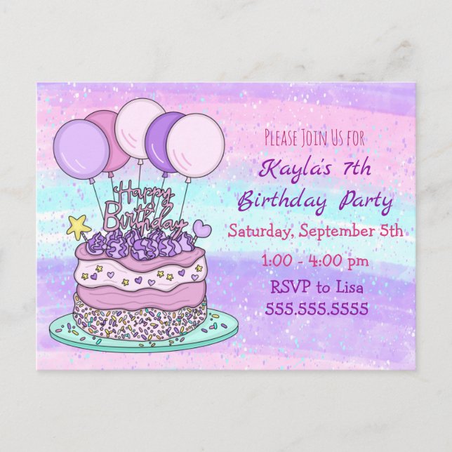 Pink and Purple Girl's Birthday    Postcard (Front)