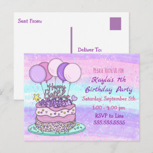 Pink and Purple Girl's Birthday    Postcard