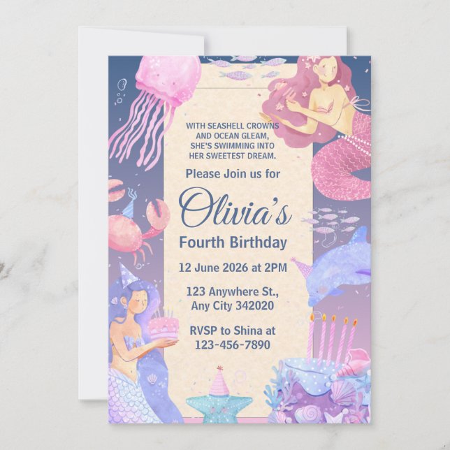 Pink and Purple Girls Mermaid Birthday Invitation (Front)