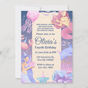 Pink and Purple Girls Mermaid Birthday Invitation