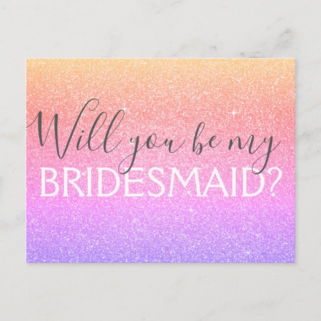 Pink and Purple Glitter and Sparkle Bridesmaid Invitation Postcard (Front)