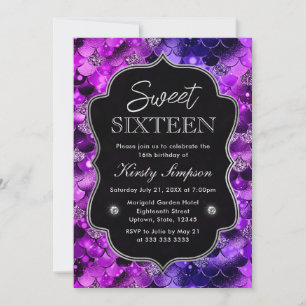 Pink and Purple Glitter Mermaid Scales Sweet 16 Invitation