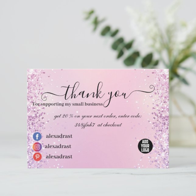 Pink and Purple Glitter Ombre Business Thank You  Card (Standing Front)