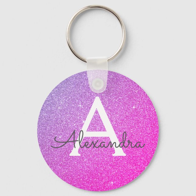 Pink and Purple Glitter & Sparkle Monogram Favour Key Ring (Front)