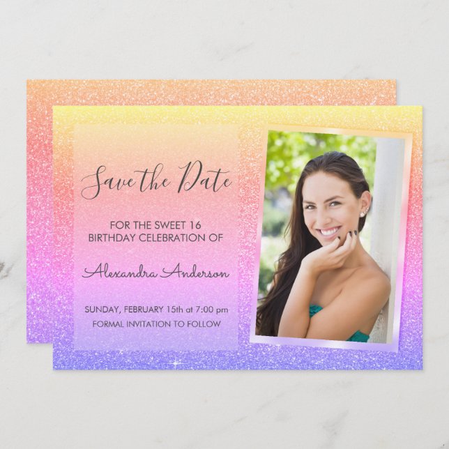 Pink and Purple Glitter Sweet 16 Save the Date Invitation (Front/Back)