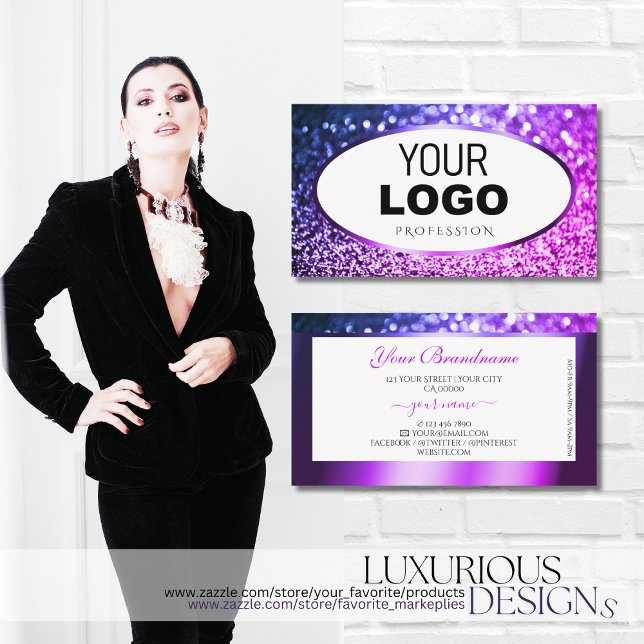 Pink and Purple Glitter White Logo Professional Business Card (Creator Uploaded)