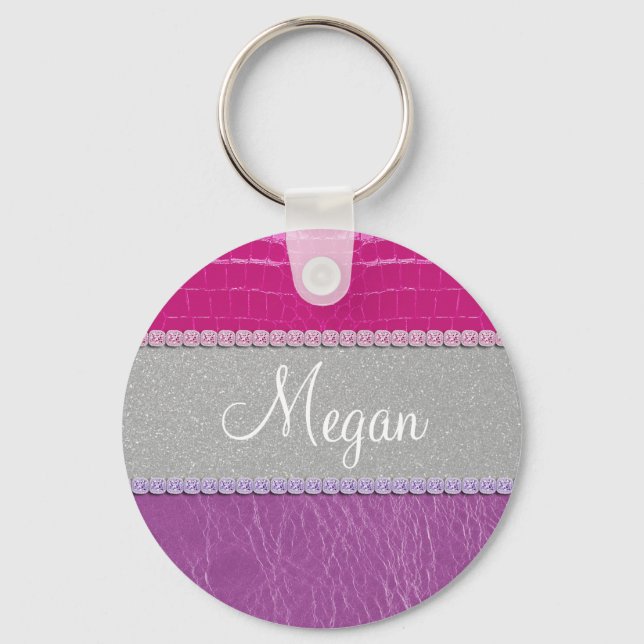 Pink and Purple Glittery Print Key Ring (Front)