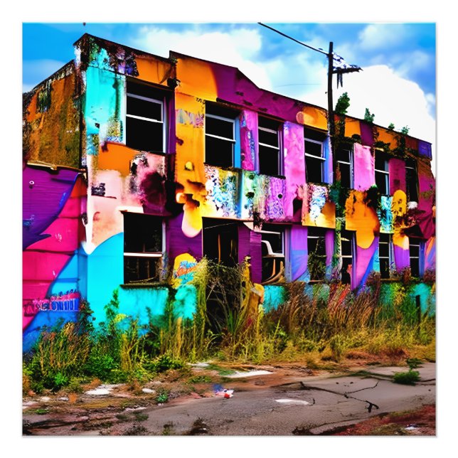 Pink and Purple Graffiti Art | Abandoned Building  Photo Print (Front)