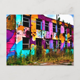 Pink and Purple Graffiti Art Abandoned Building Postcard