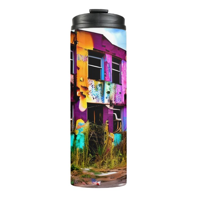 Pink and Purple Graffiti Art | Abandoned Building  Thermal Tumbler (Front)