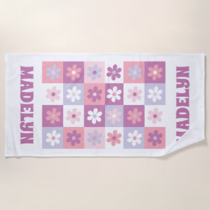 Pink and Purple Groovy Daisy Chequerboard Beach Towel