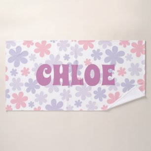 Pink and Purple Groovy Daisy Floral Custom Name Bath Towel