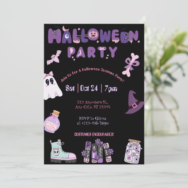 Pink and Purple Halloween Party Cute Ghost &Spooky Invitation (Standing Front)