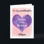 Pink and Purple Happy 15th Birthday Granddaughter Card<br><div class="desc">A pretty purple and pink 15th birthday granddaughter card that features a watercolor heart against a pretty pink watercolor, which you can personalize underneath the heart with her name. The inside of this watercolors birthday card reads a heartfelt feeling, which an easily personalized. The back features the heart along with...</div>