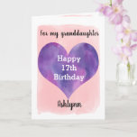 Pink and Purple Heart Granddaughter 17th Birthday Card<br><div class="desc">A pretty pink and purple 17th birthday granddaughter card that features a watercolor purple heart against a pretty pink watercolor, which you can easily personalise underneath the purple heart with her name. The inside of this 17th birthday card reads a heartfelt message, which can be easily personalised if wanted. The...</div>