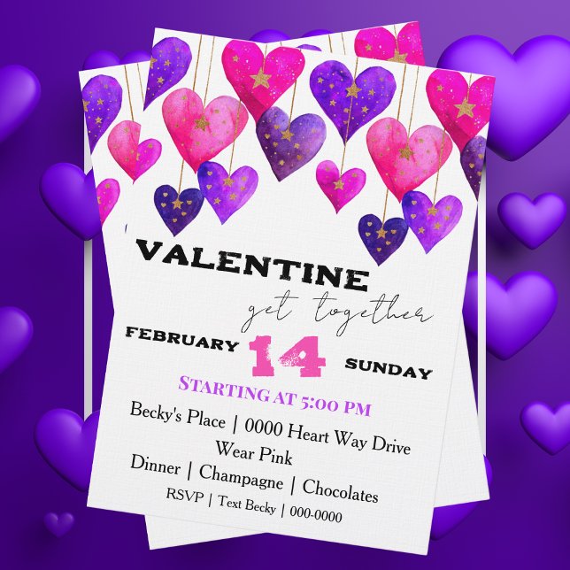 Pink and Purple Hearts Valentine Day Invitation (Cute pink and purple Valentines Day Hearts customizable party invitation
)