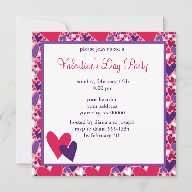 Pink and Purple Hearts Valentines Day Party Invitation (Front)