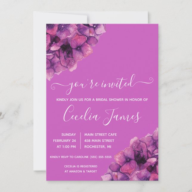 Pink and Purple Hydrangea Bridal Shower Invitation (Front)