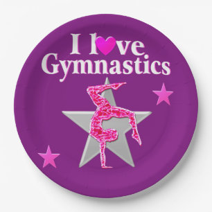 PINK AND PURPLE I LOVE GYMNASTICS PAPER PLATES