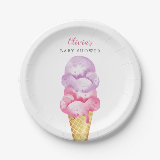 Pink and Purple Ice Cream Baby Shower Paper Plate (Front)
