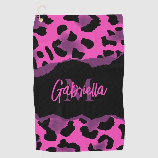 Pink and Purple Leopard Print Golf Towel (Front)