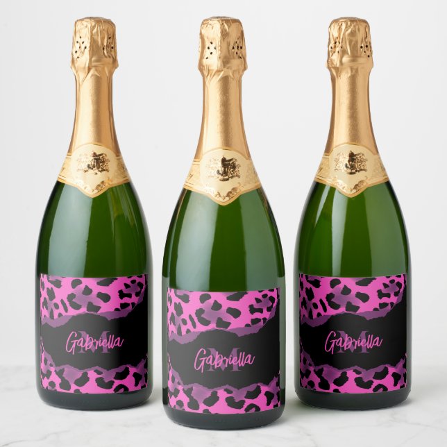 Pink and Purple Leopard Print Sparkling Wine Label (Bottles)