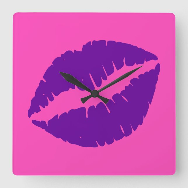 Pink and Purple Lipstick Kiss Square Wall Clock (Front)
