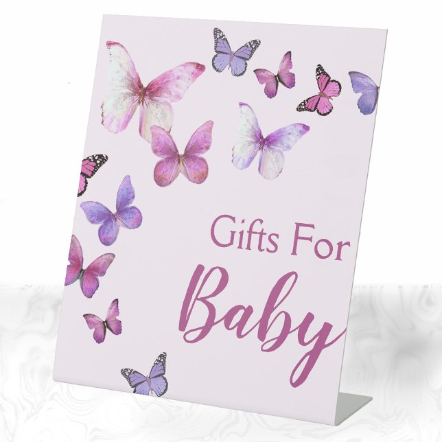 Pink and Purple Little Butterfly Baby Shower Gifts Pedestal Sign (Creator Uploaded)